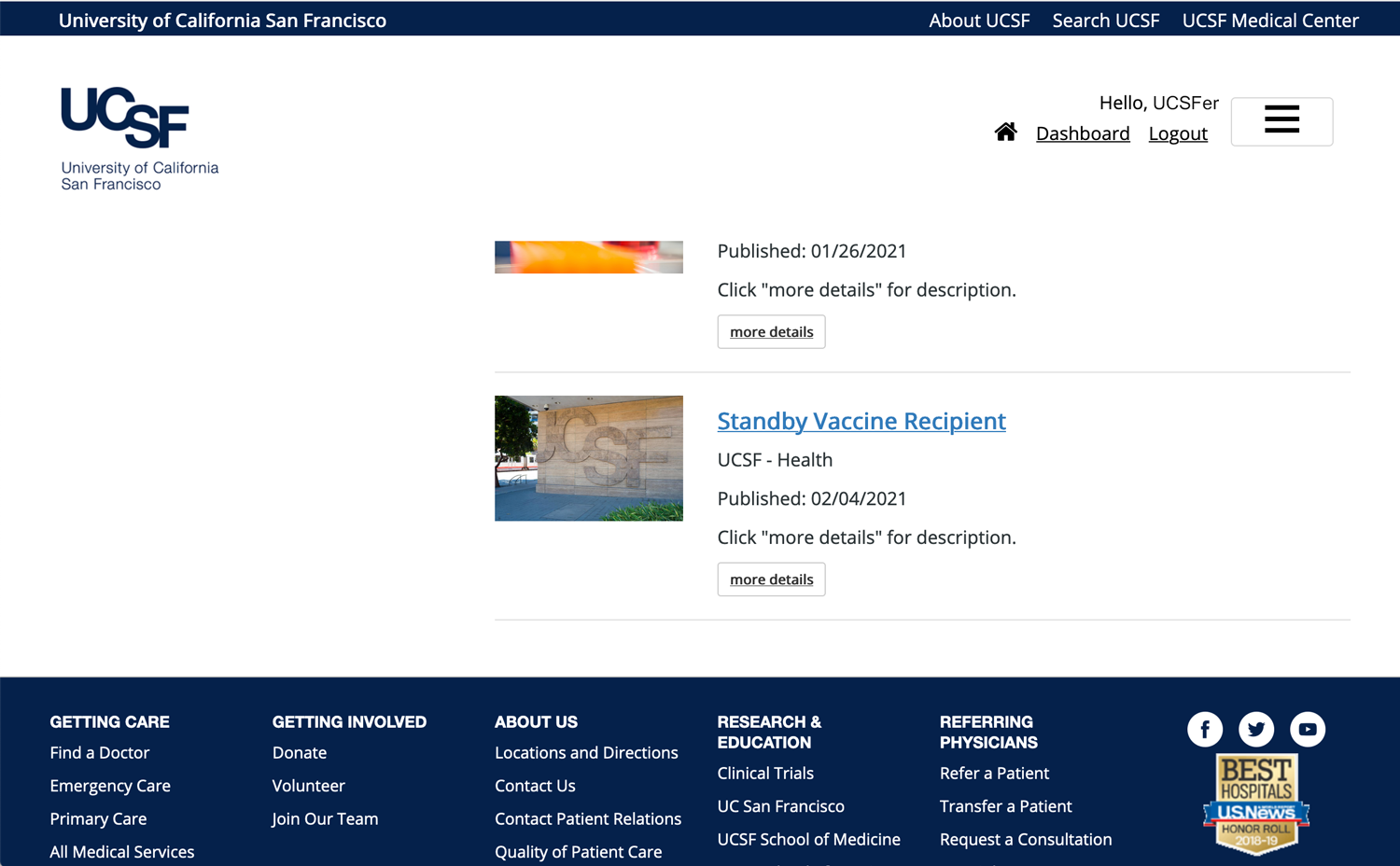 screenshot of Standby Vaccine selection